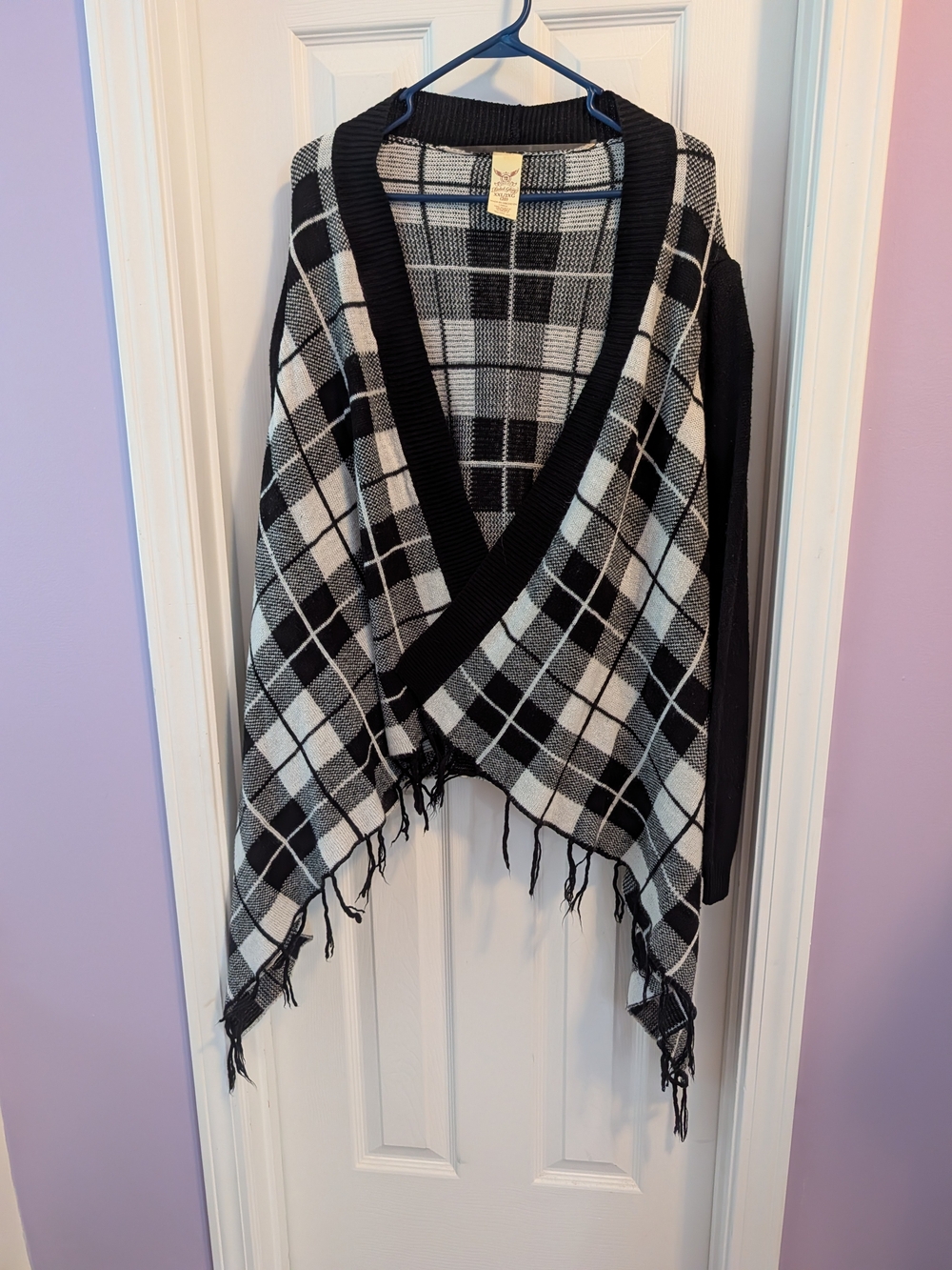 Faded Glory Black and White Plaid Shawl Cardigan with Fringe